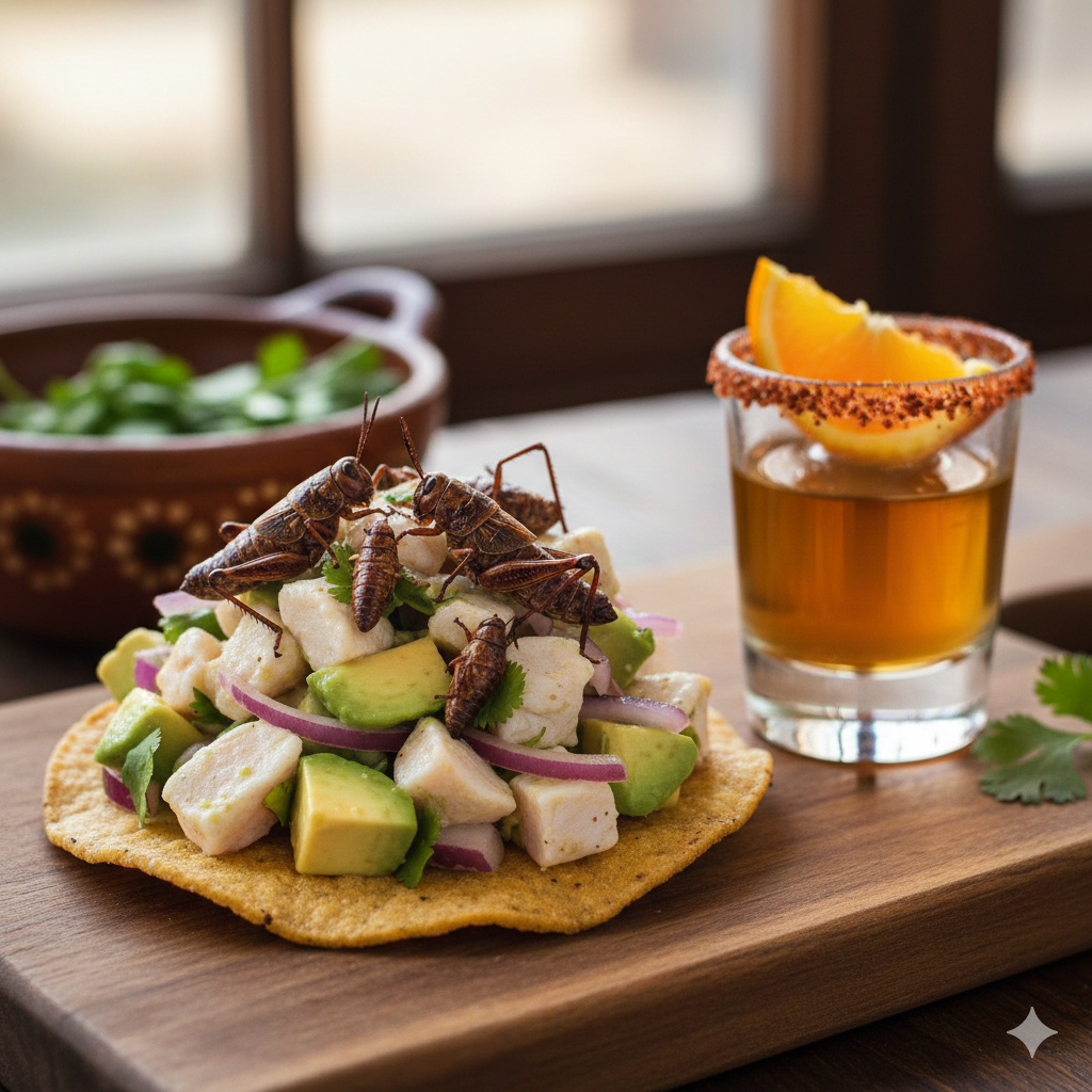Mezcal-infused ceviche tostada topped with grasshoppers Mezcal-infused ceviche tostada topped with grasshoppers