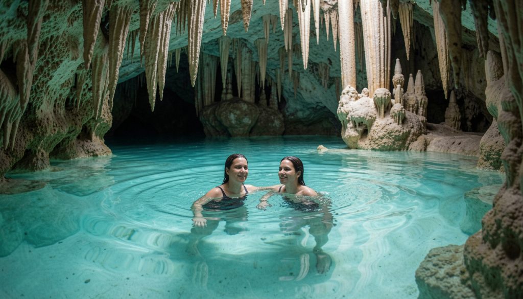 A couple swimming in a cavern filled with stalactites. A couple swimming in a cavern filled with stalactites.