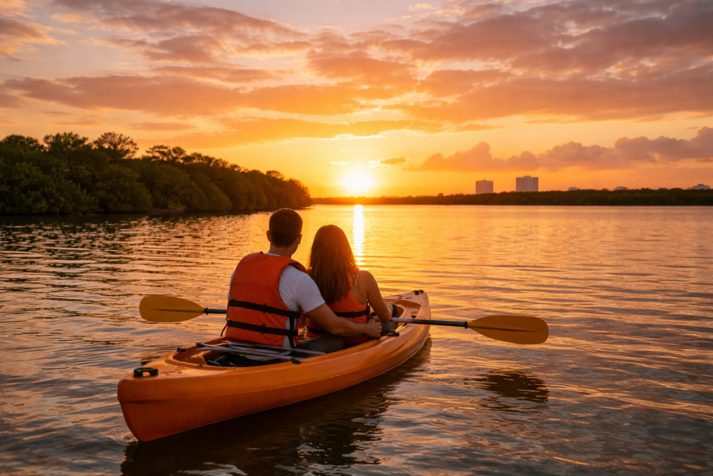 Watching the sunrise from a kayak in the Nichupté Lagoon Watching the sunrise from a kayak in the Nichupté Lagoon