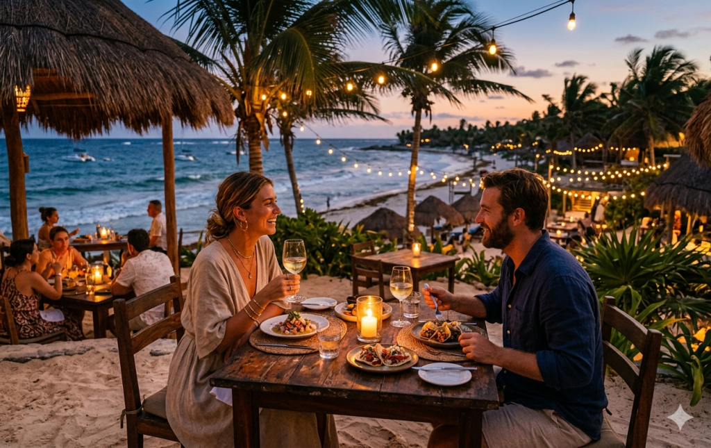 Dining by candlelight in a jungle restaurant in Tulum Dining by candlelight in a jungle restaurant in Tulum