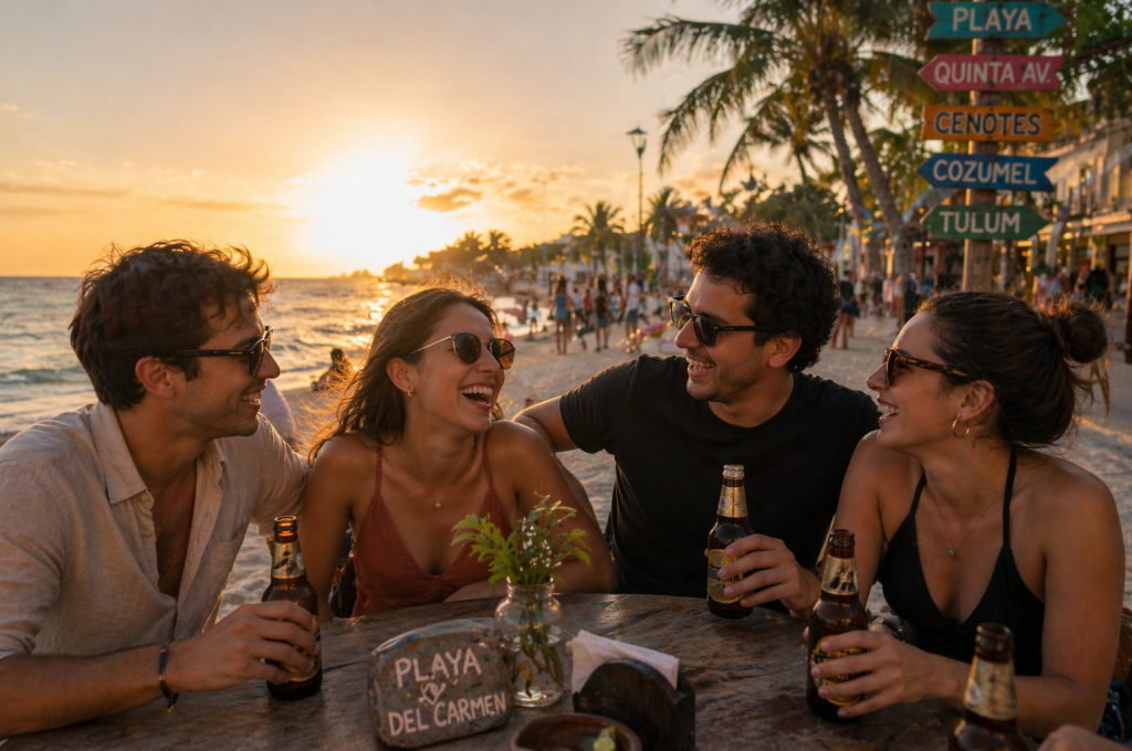 Friends enjoying a sunset in Playa del Carmen