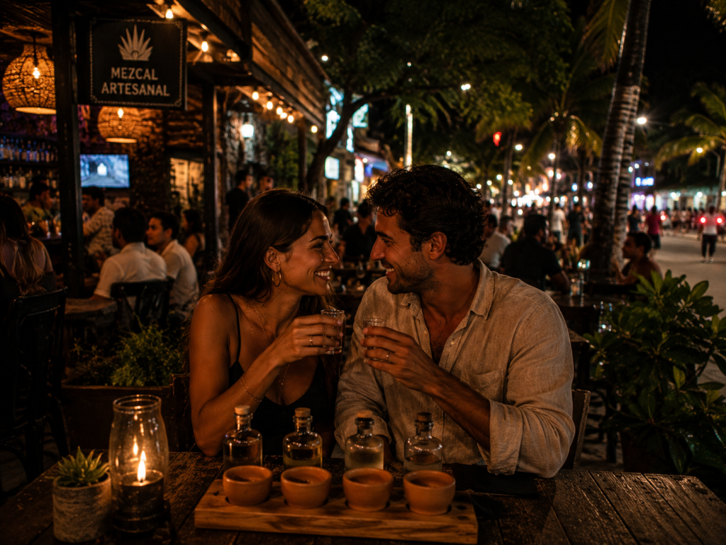 A couple enjoying a cocktail with artisanal mezcal on Nader Avenue, Cancun. A couple enjoying a cocktail with artisanal mezcal on Nader Avenue, Cancun.