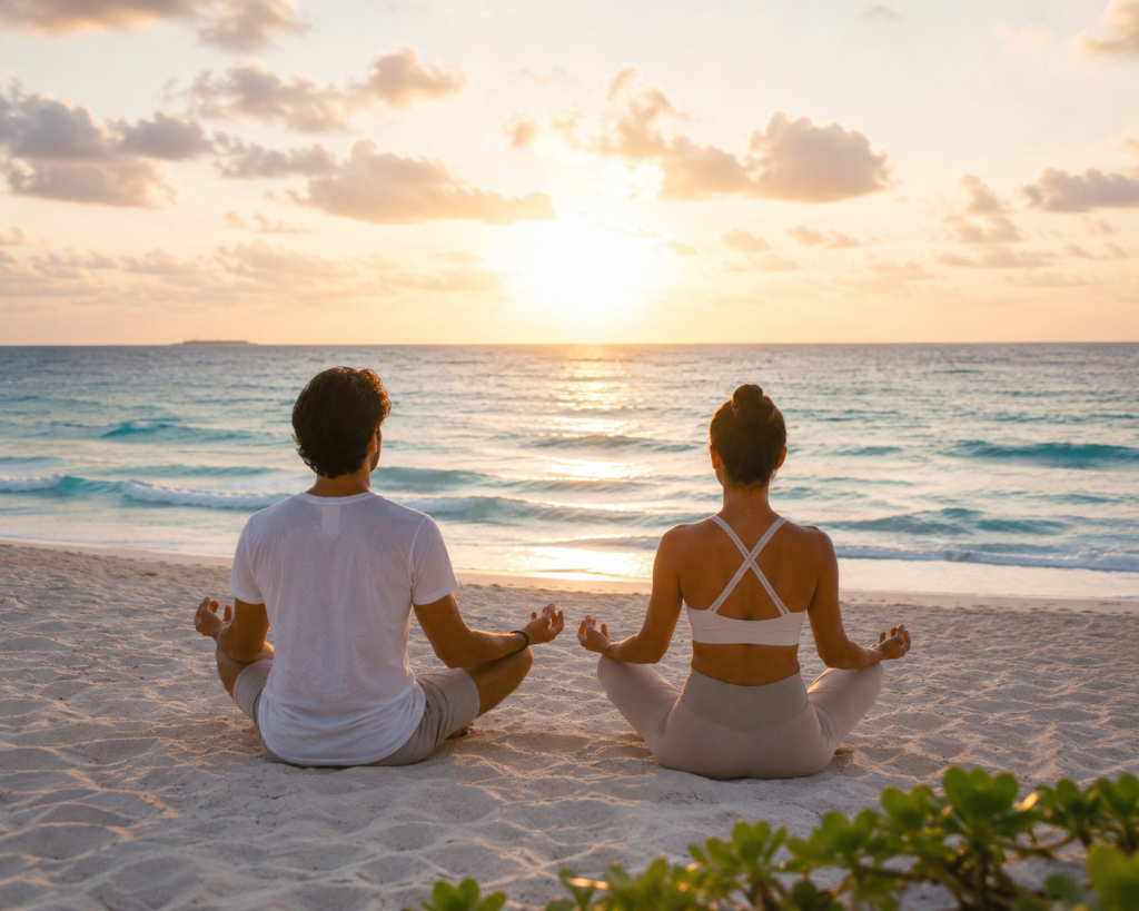 Sunrise yoga at Playa Delfines in Cancun. Sunrise yoga at Playa Delfines in Cancun.