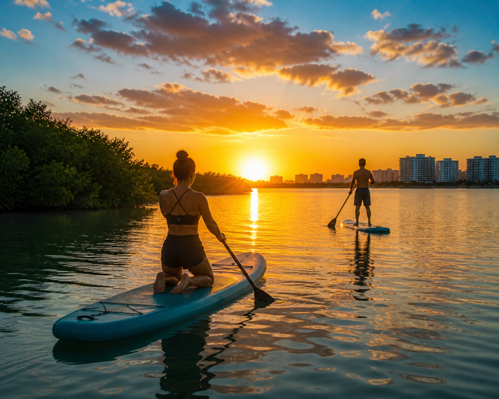 A paddleboard session in the Nichupté Lagoon is the perfect way to close the afternoon.