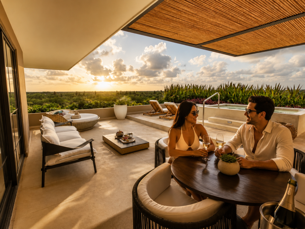 Atelier welcomes you with an imposing architecture where wood and polished concrete blend in a spectacular way, while lush nature seamlessly connects every space.