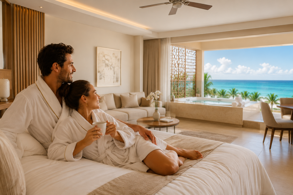 The swim-up suites allow you to step directly from your private terrace into a cool, refreshing pool lane, while the two-story rooftop terrace suites feature private plunge pools and sweeping panoramic views of the ocean.