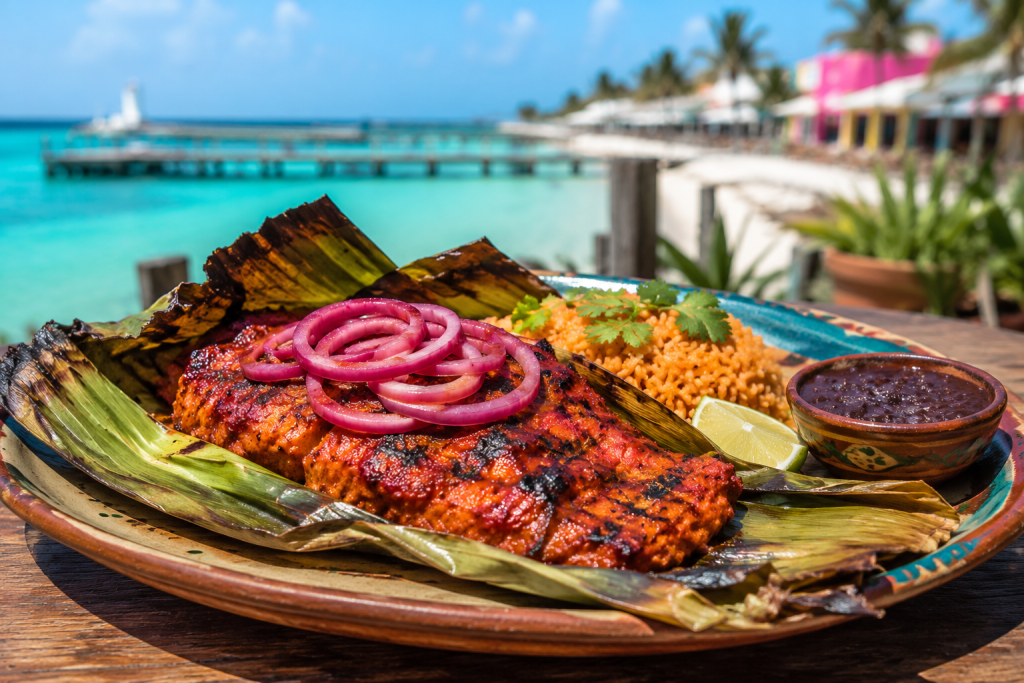 Tikin Xic, it’s fresh fish, usually grouper or snapper, marinated in achiote and sour orange, wrapped in banana leaves, and slow-cooked over coals.